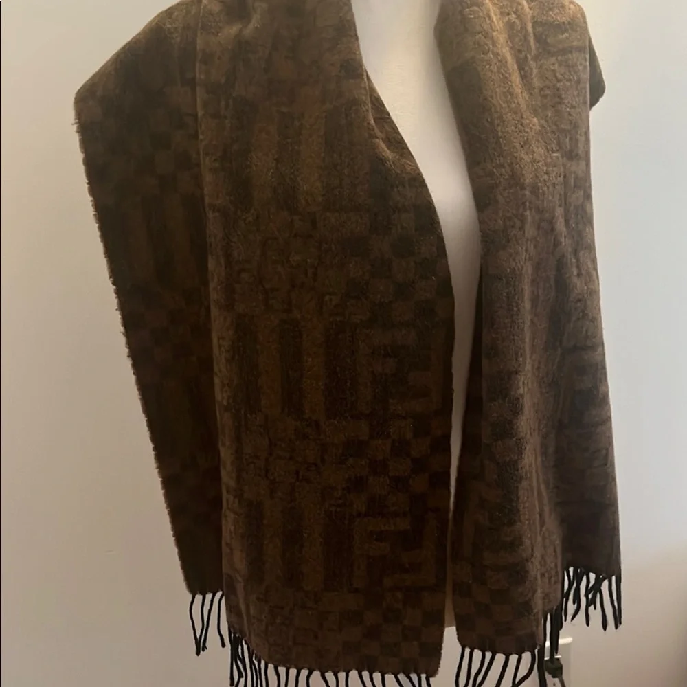 FENDI Wool Scarf Brown Black with F F lettering 60”x14” - Picture 5 of 12